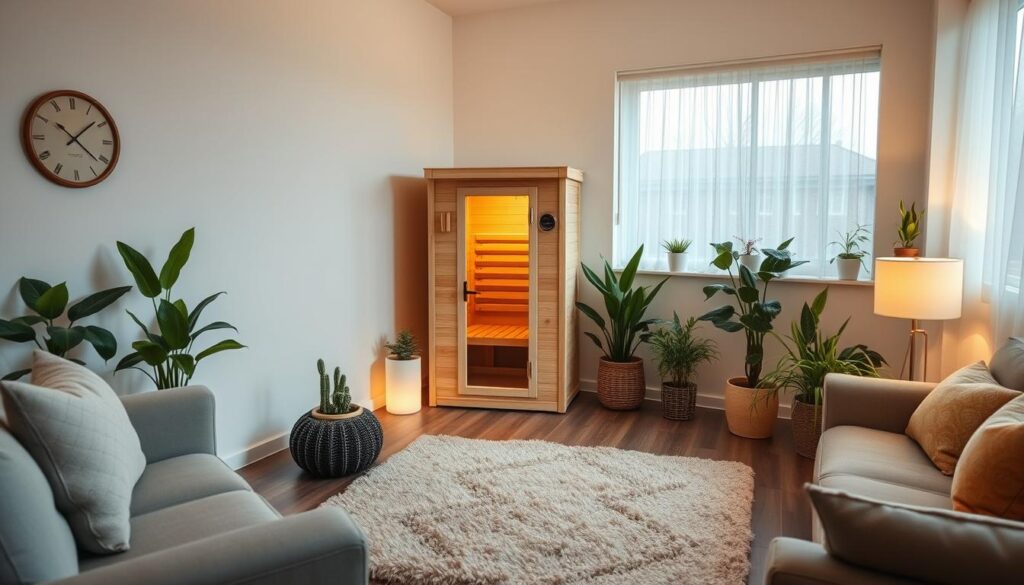 Portable sauna in a home setting